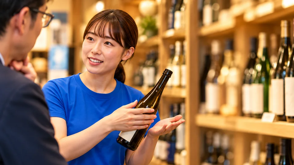 掲載イメージ用の日本酒接客シーン